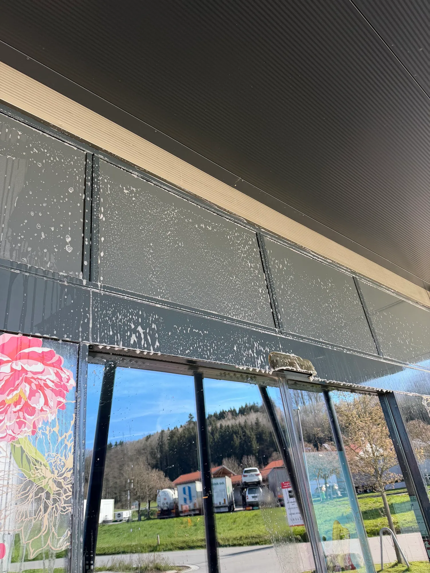 Einseifung und Reinigung großer gewerblicher Glaseingangstüren